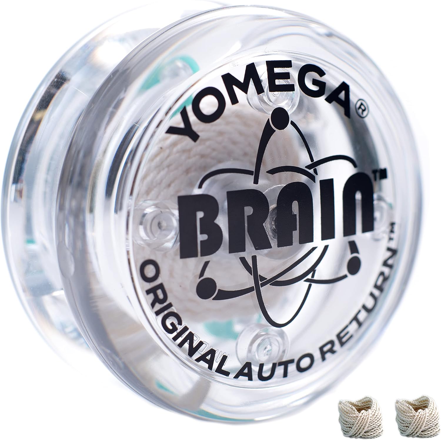 Yomega Brain auto-return yo-yo in clear plastic with the original Brain logo